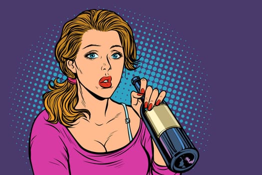 Woman drinking wine from a bottle. Loneliness and sadness. Pop art retro vector illustration vintage kitsch