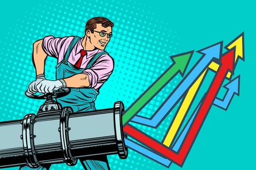 businessman opens pipe, growth chart up. Plant and industry. Pop art retro vector illustration vintage kitsch