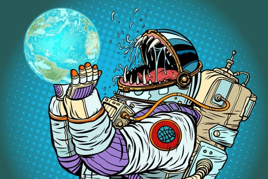Astronaut monster eats earth planet. Greed and hunger of mankind concept. Pop art retro vector illustration vintage kitsch