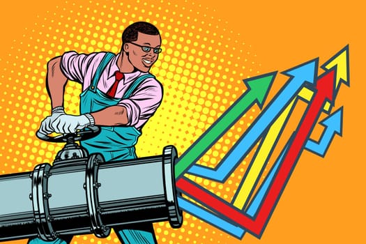 African businessman opens pipe, growth chart up. Plant and industry. Pop art retro vector illustration vintage kitsch