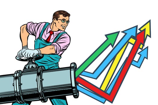 businessman opens pipe, growth chart up. Plant and industry. Isolate on white background. Pop art retro vector illustration vintage kitsch