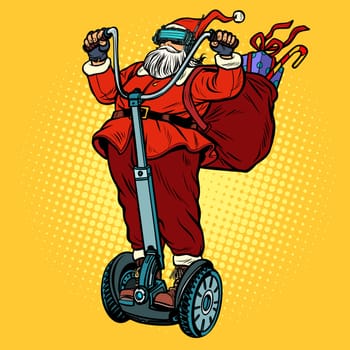 Santa Claus in VR glasses, with Christmas gifts rides an electric scooter. Virtual reality. Pop art retro vector illustration vintage kitsch