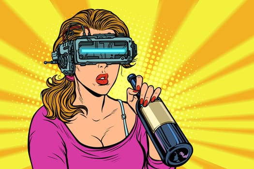 VR glasses. Woman drinking wine from a bottle. Loneliness and sadness. Pop art retro vector illustration vintage kitsch