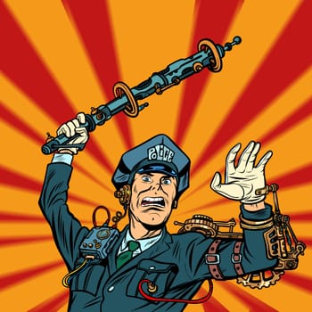 cyberpunk police violence, COP officer beat a baton. Pop art retro vector illustration vintage kitsch