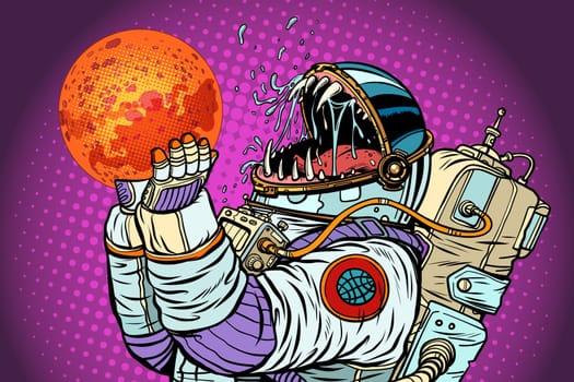 Astronaut monster eats Mars. Greed and hunger of mankind concept. Pop art retro vector illustration vintage kitsch