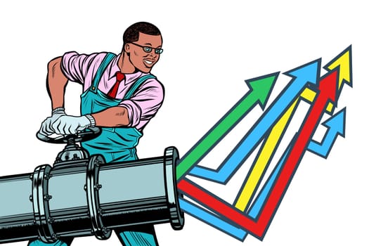 African businessman opens pipe, growth chart up. Plant and industry. Isolate on white background. Pop art retro vector illustration vintage kitsch