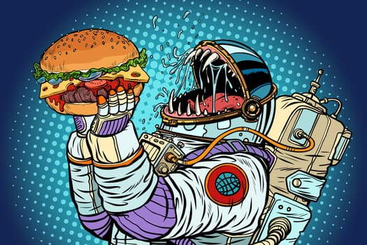 Astronaut monster eats burger. Greed and hunger of mankind concept. Pop art retro vector illustration vintage kitsch