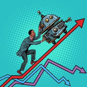 Robotization and technical revolution concept. Businessman pushes up the robot. Growth charts. Pop art retro vector illustration vintage kitsch