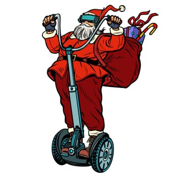 Santa Claus in VR glasses, with Christmas gifts rides an electric scooter. Virtual reality. Isolate on white background. Pop art retro vector illustration vintage kitsch
