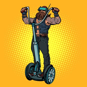 Biker on electric scooter, virtual reality, VR glasses. Pop art retro vector illustration vintage kitsch