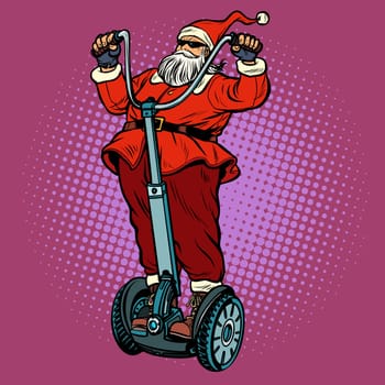 Santa Claus biker with Christmas gifts rides an electric scooter. Pop art retro vector illustration vintage kitsch