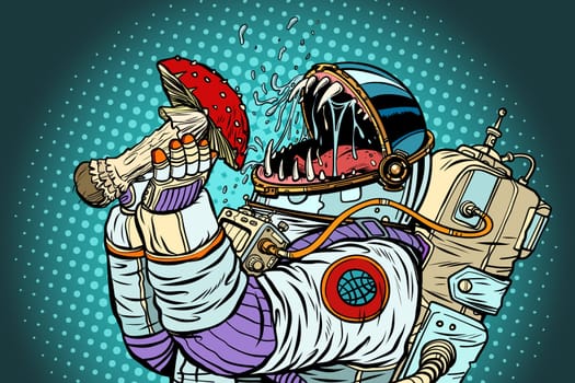 Astronaut monster eats Fly agaric. Greed and hunger of mankind concept. Pop art retro vector illustration vintage kitsch