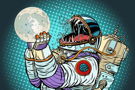 Astronaut monster eats Moon. Greed and hunger of mankind concept. Pop art retro vector illustration vintage kitsch