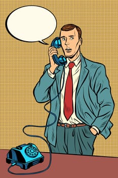 man talking on a retro phone. Pop art retro vector illustration vintage kitsch