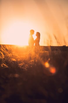 Romantic couple standing and kissing on background summer meadow sunset