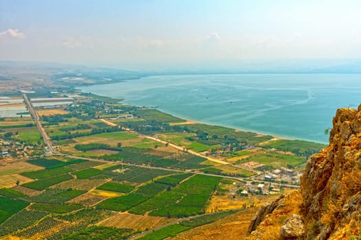 View of Sea of Galilee from above on Mount Arbel in Israel