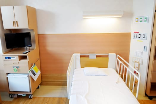 KAGAWA, JAPAN - OCTOBER 02, 2018 Room for admit patient, comfortable electrical bed and electrical alert for calling nurse, medical equipment in Mitoyo hospital