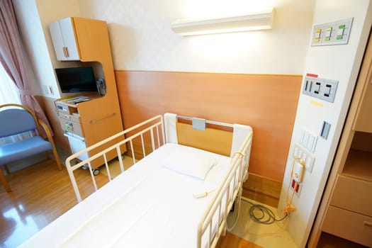 KAGAWA, JAPAN - OCTOBER 02, 2018 Room for admit patient, comfortable electrical bed and electrical alert for calling nurse, medical equipment in Mitoyo hospital