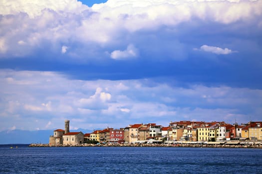Piran in Slovenia with lighthouse and Our Lady of Health Church