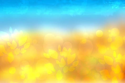 Abstract autumn or bright summer landscape texture with yellow leaves and blue bright sky. Autumn or summer background with copy space.