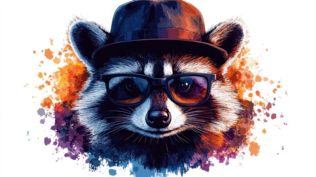 A cartoon-style raccoon sports stylish sunglasses and a trendy hat, surrounded by vibrant splashes of color that enhance its playful character. This artwork exudes a lively, modern vibe, perfect for animal lovers and art enthusiasts.