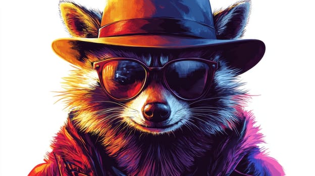A raccoon confidently wears sunglasses and a stylish hat, showcasing its unique personality. This colorful character dons a fashionable outfit and radiates charm and playfulness, set against a bright backdrop.