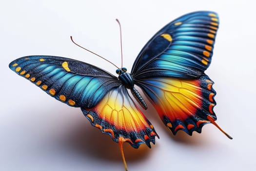 A stunning butterfly rests elegantly on a white surface. Its wings display a mesmerizing blend of blue, orange, and yellow, adorned with intricate patterns. The delicate structure and vibrant colors highlight nature's artistry.