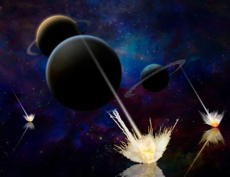 Exosolar planets and meteor shower. 3D rendering.