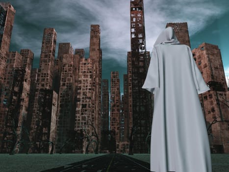 Traveler in white cloak before the destroyed city