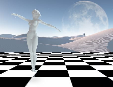 Surrealism. Woman's statue made of white stone in grace pose. Lonely man in a distance. 3D rendering