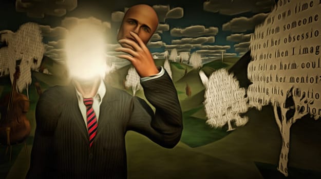 Surreal painting. Man with bright light behind his face. Paper trees and cellos in the green field.