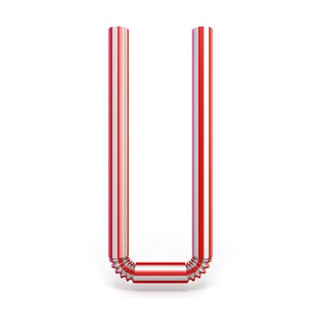 Drinking straw font Letter U 3D render illustration isolated on white background