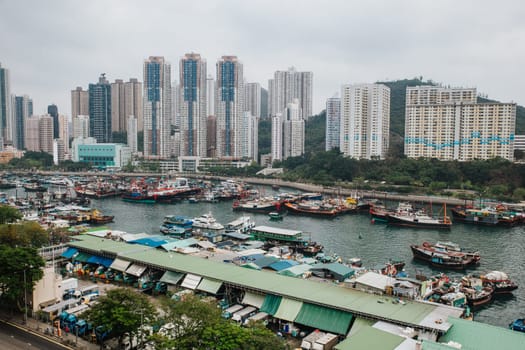 Aerial view of the Aberdeen Harbour (Aberdeen Typhoon Shelter) in Hong Kong