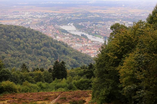 View in autumn from the Königstuhl to Heidelberg and the Neckar