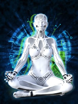 3D rendering of a robot woman sitting in space and meditating with her eyes closed. Futuristic digital technology concept.