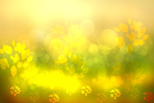 Sunny abstract bright yellow green bokeh autumn background texture with leaves. Space for your design.