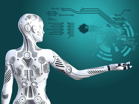 3D rendering of a robot woman standing with its back agianst the camera, holding her arm out. Futuristic digital concept.
