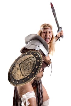 Ancient woman warrior or Gladiator isolated in white
