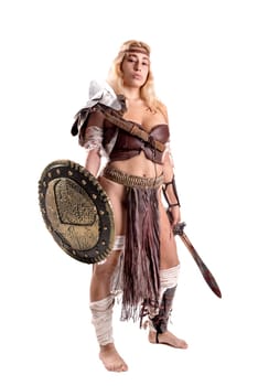 Ancient woman warrior or Gladiator isolated in white