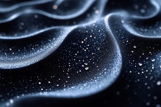 Delicate droplets of water rest on a sleek, dark material, reflecting soft light and forming enchanting wave-like patterns. The scene captures the intricate beauty of nature and design in a harmonious blend of textures.