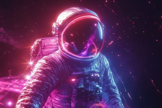 A futuristic astronaut floats through a vibrant cosmic landscape, illuminated by swirling colors and shimmering lights.