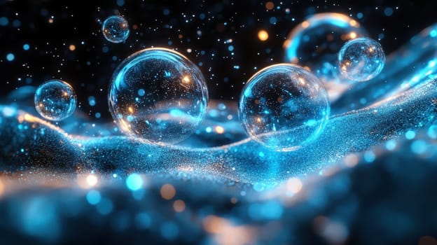 Translucent bubbles drift serenely on the surface of vibrant blue water. Light dances around them, creating a magical atmosphere filled with sparkling reflections. A peaceful moment emphasizing beauty and tranquility.