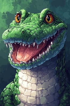 The vibrant green reptile displays a cheerful expression, showcasing its sharp teeth and glossy scales. Surrounded by a lush, verdant background, the creature radiates a lively and animated presence in this natural habitat.