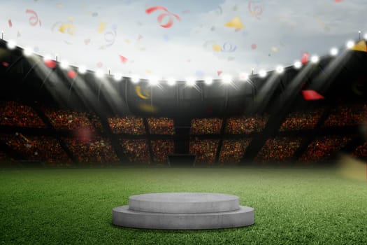 Podium with flying confetti on the stadium grass