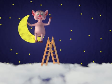 The pig climbed the moon on the stairs. 3d rendering.