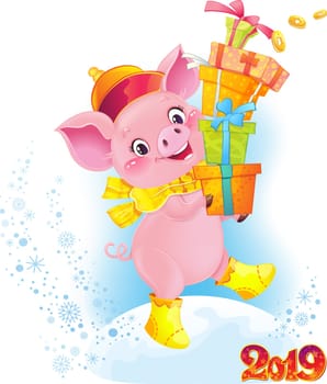 Cute Piglet for the Chinese New Year. The Yellow Earth Pig is a symbol of the approaching New 2019 year. Symbol of Chinese horoscope. Happy 2019 New Year card. Funny piglet congratulates on holiday.