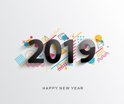 Modern creative new 2019 year design card with geometric shapes on background for your seasonal holidays flyers, greetings and invitations cards and christmas themed congratulations and banners.Vector