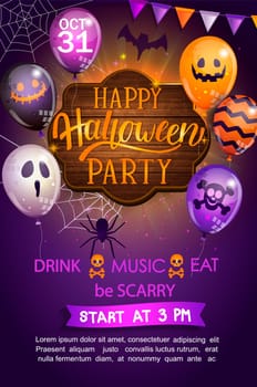 Welcome Flyer for Happy Halloween party with lettering on wooden board and monster balloons. Invitation and greeting card with spider and bat for web, poster, placard, banners. Vector illustration.