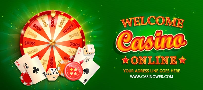 Welcome online casino banner with poker cards, playing dice, chips, fortune wheel and other gambling design elements. Invitation poster template on shiny background. Vector illustration.