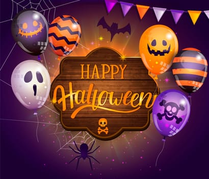 Invitation card for Happy Halloween party on wooden board with monster balloons, spider, bat and lettering. Perfect for for web, posters, placards, flyers, banners, greetings. Vector illustration.